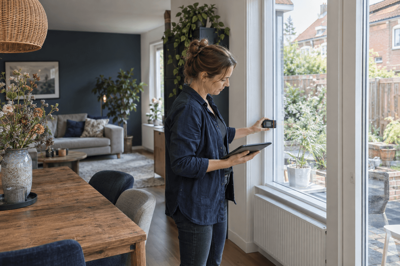 Illustratief beeld van een EP-adviseur die een woning opneemt met een tablet en afstandsmeter.