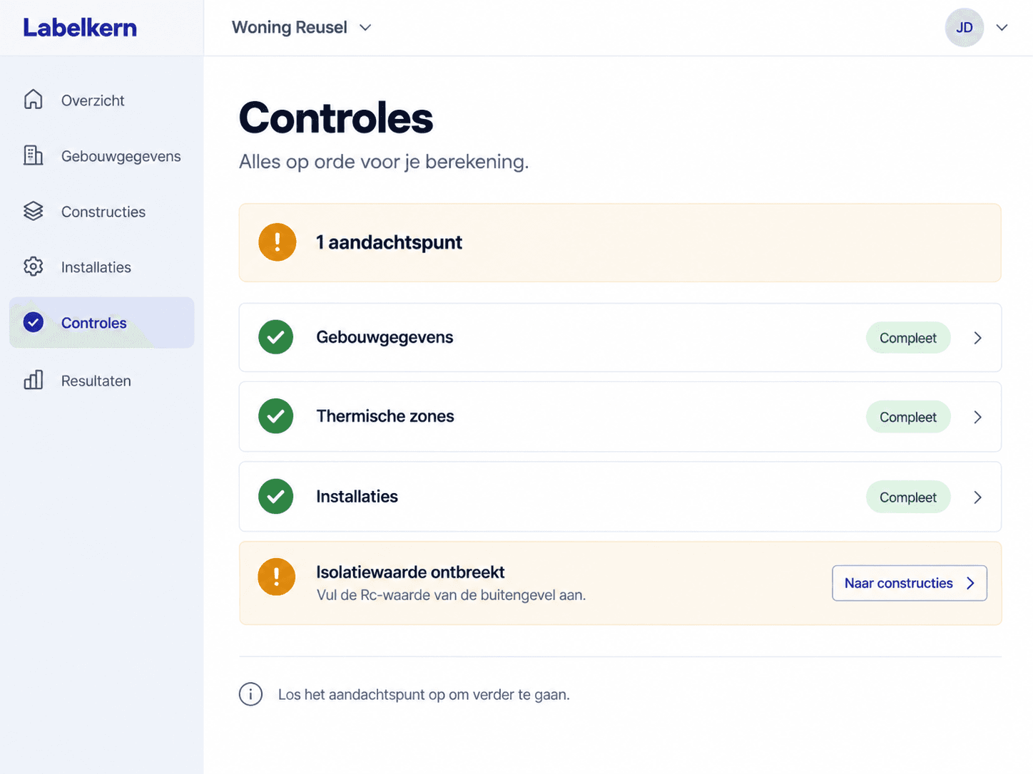 Gegenereerd productbeeld. Controles op de invoer, met een gerichte melding voor een ontbrekende isolatiewaarde.